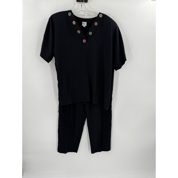 Vintage F Stop Black 2 Piece Outfit V Neck Short Sleeve Top Cropped Pants LARGE - Picture 7 of 14